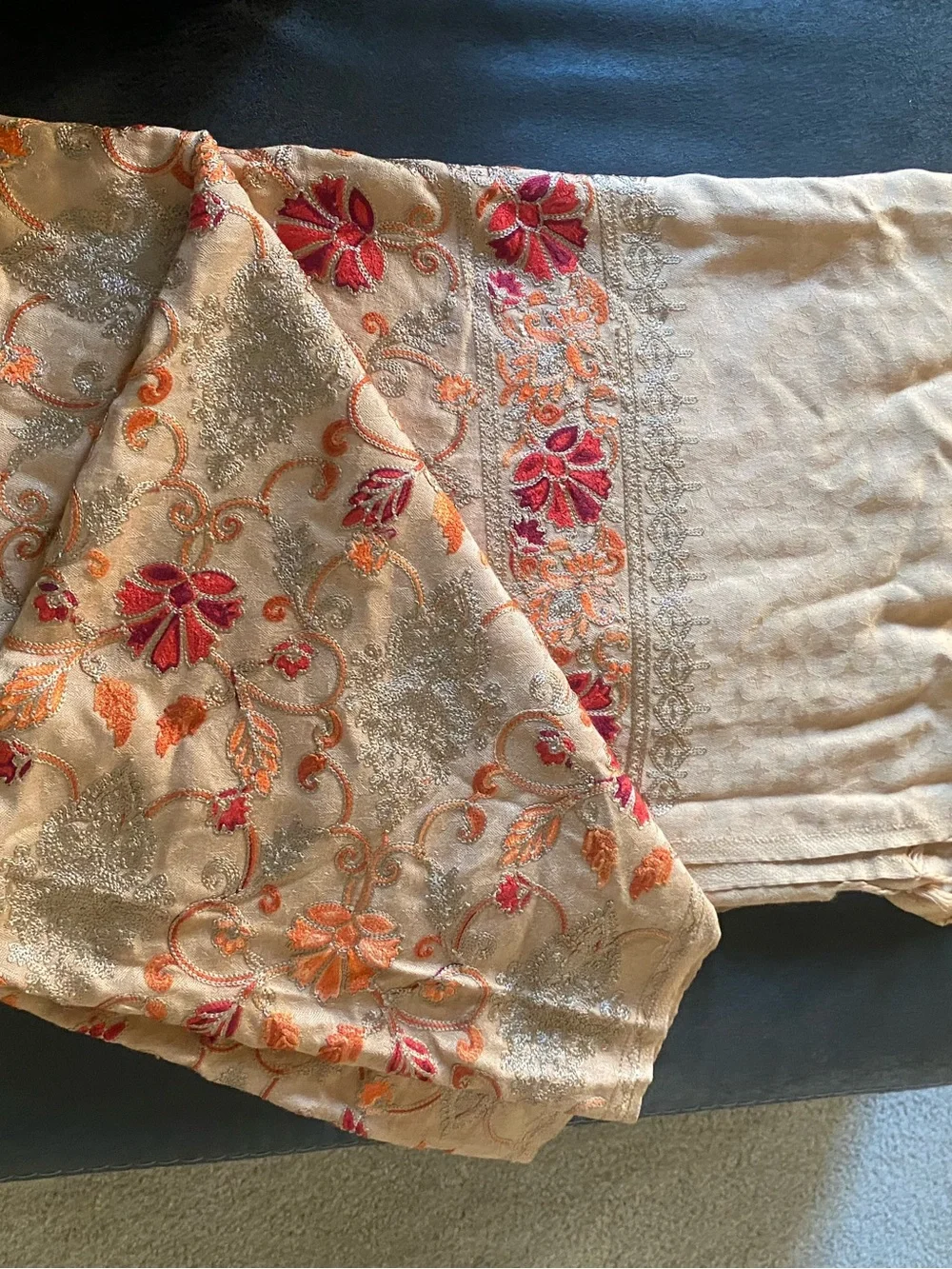 Beige Floral-Embroidered Women's Scarf with Red & Orange Accents‎